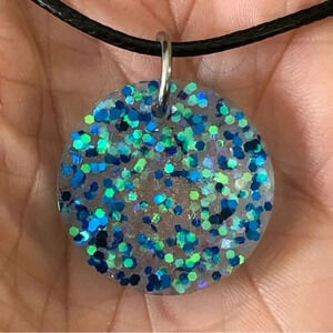 Blue Glitter Circle Resin Black Waxed Cord Necklace Handmade New